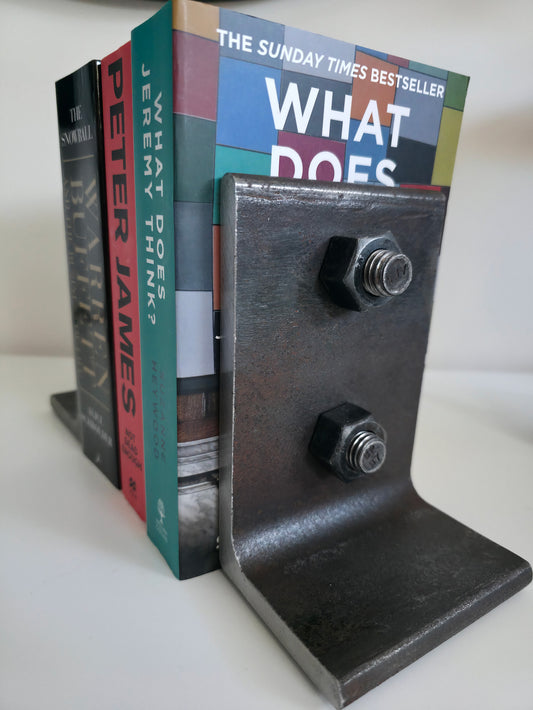 Heavy-Duty Recycled Steel Bookends with Dual Bolt Detail – Industrial, Handcrafted, Durable, Limited Edition
